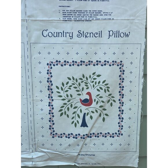 Country Stencil Pillow Cut and Sew panel 16 in Blue Red Bird Vintage - Picture 3 of 8